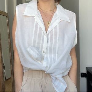 Vintage 100% Linen White Gauzy Collared Button Up Tank Resort XL Carlie’s Court